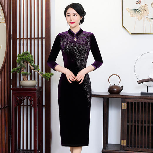 上海旗袍厂ZY-Q5586秋冬新款中式端庄优雅女装重工烫钻改良旗袍连衣裙 商品图2