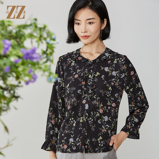 佐尔美秋季新款黑色娃娃领碎花上衣衬衣E11CC30 商品图0