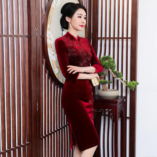 上海旗袍厂ZY-Q5576秋装新款端庄大气水滴领旗袍连衣裙中国风修身大码女装 商品图2