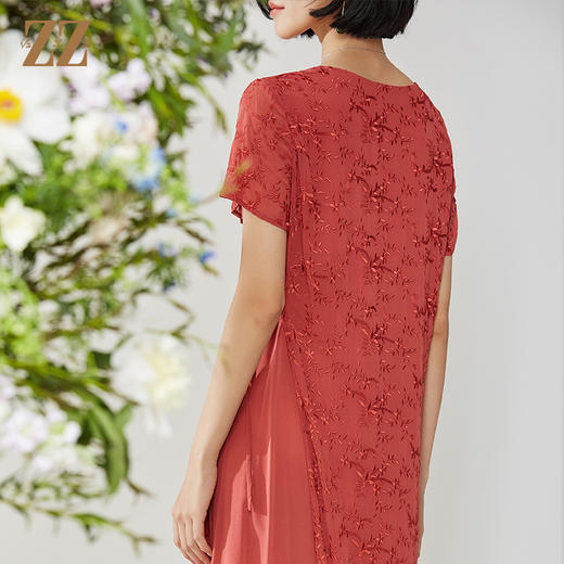佐尔美夏季新款真丝优雅乔其绣花短袖桑蚕丝连衣裙E02LS59 商品图3