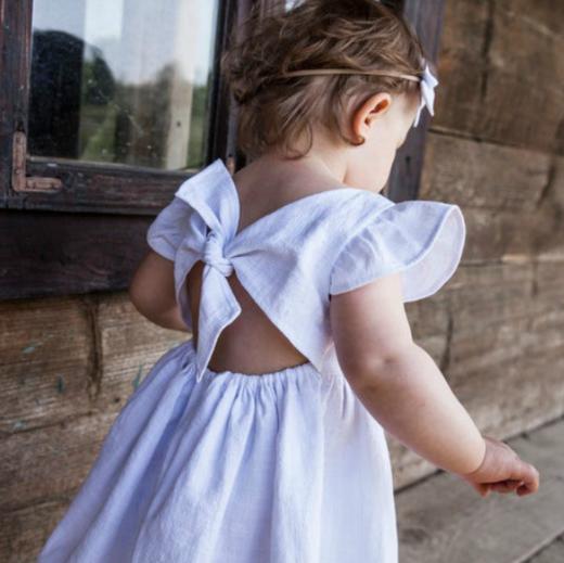 【童装】新款女童连衣裙宝宝棉麻纯色童裙蝴蝶结公主裙蓬蓬裙欧美童装 商品图3