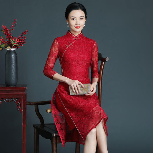 上海旗袍厂ZY-Q5666秋新款复古中国风旗袍改良婚宴喜庆蕾丝连衣裙 商品图1