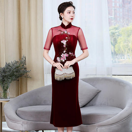 上海旗袍厂ZY-Q5626新款中国风金丝绒改良版旗袍连衣裙春秋优雅显瘦婚宴礼服裙 商品图2