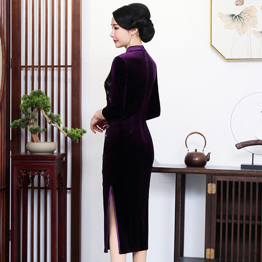 上海旗袍厂ZY-Q5576秋冬中长款端庄优雅金丝绒旗袍手工钉珠婚宴喜婆婆裙子 商品图3