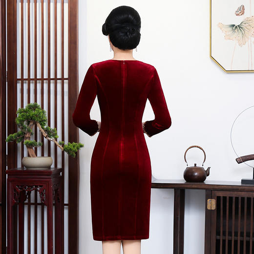 上海旗袍厂ZY-Q5616春秋金丝绒时尚气质钉珠连衣裙圆领婚礼宴会裙子女 商品图4