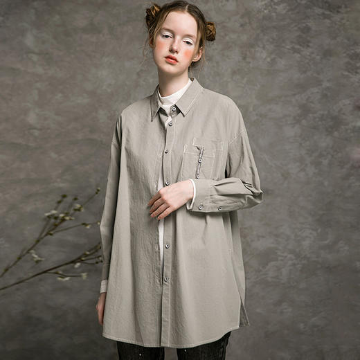 Famecoco范可儿长袖衬衫女士秋时尚中长款上衣F216BG001 商品图2