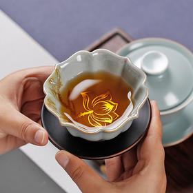 手绘银莲花汝窑茶杯个人杯开片可养大号汝瓷茶盏主人杯品茶杯单杯