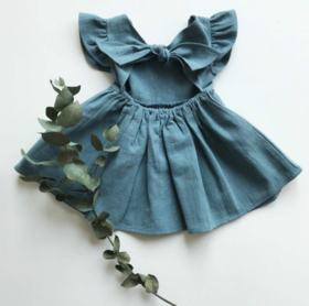 【童装】新款女童连衣裙宝宝棉麻纯色童裙蝴蝶结公主裙蓬蓬裙欧美童装