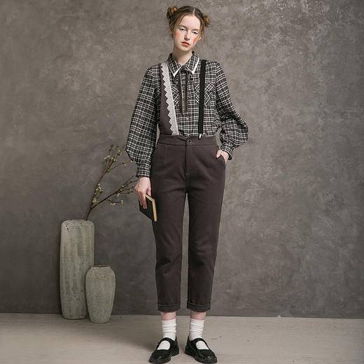 Famecoco范可儿格子衬衫秋宽松设计灯笼袖开身衬衣F216BH001 商品图3