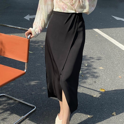 【服饰鞋包】打褶半身裙高腰中长款裙子垂感雪纺裙开叉 商品图2