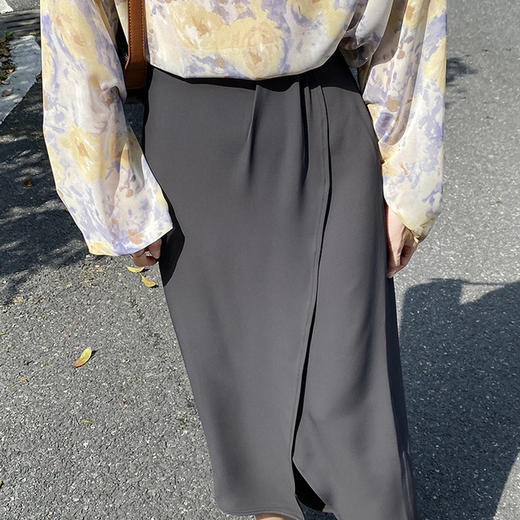 【服饰鞋包】打褶半身裙高腰中长款裙子垂感雪纺裙开叉 商品图3