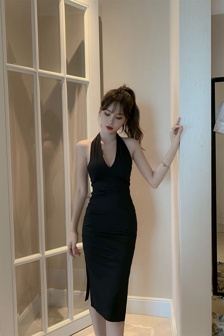 服饰鞋包优雅赫本黑色性感深v挂脖气质修身包臀开叉连衣裙