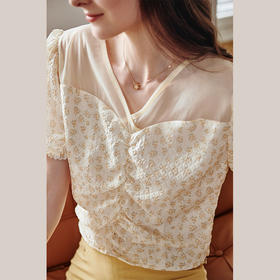 欧芮儿碎花雪纺衫女2021夏宽松显瘦气质优雅拼接抽褶短款法式小衫