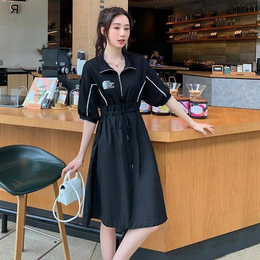 XP-LWQY8061新款韩版时尚气质休闲抽绳收腰翻领短袖中长款连衣裙 商品图1