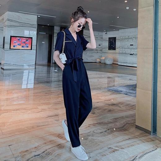 XP7735新款潮流时尚气质宽松高腰翻领短袖垂感条纹连体裤 商品图1