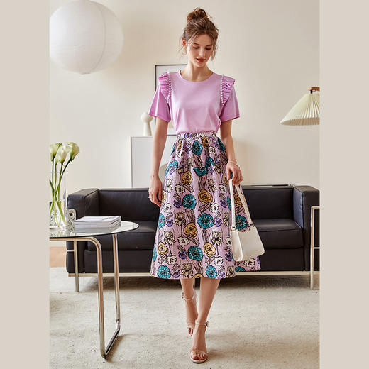 欧芮儿紫色半身裙2021新款夏高腰显瘦手绘印花设计感优雅A字伞裙 商品图2