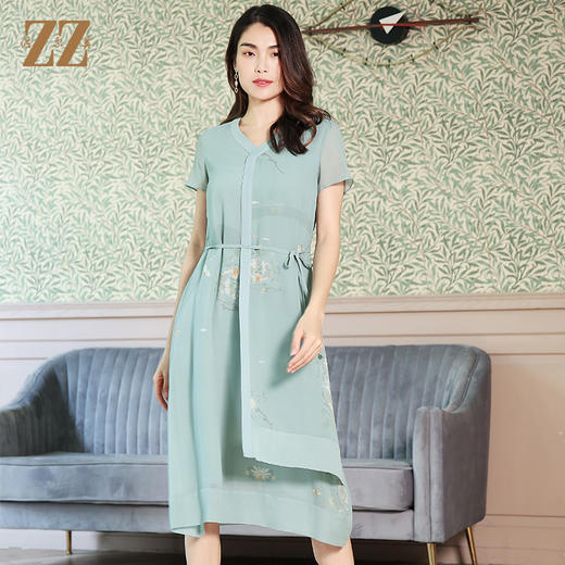 佐尔美夏季新款古风V领假两片A摆真丝乔其桑蚕丝连衣裙E12LS79 商品图0