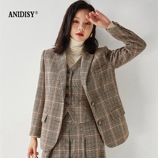 羊毛复古大格子翻领长袖单排扣宽肩西装外套 商品图2