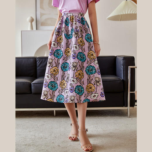 欧芮儿紫色半身裙2021新款夏高腰显瘦手绘印花设计感优雅A字伞裙 商品图1