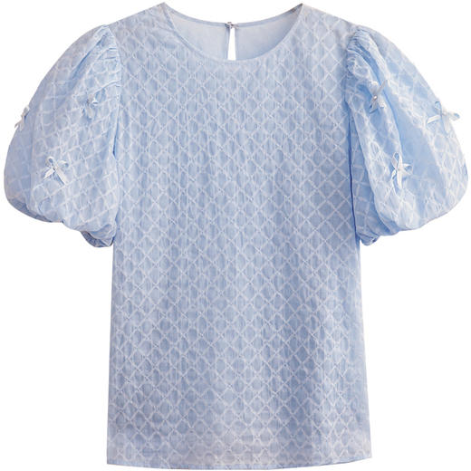 欧芮儿蓝色衬衫女2021新款圆领泡泡袖宫廷风法式洋气短袖上衣 商品图3