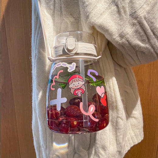 【双饮带吸管水瓶】可爱学生水壶居家日用餐饮用具塑料大容量布丁水杯子女 商品图0