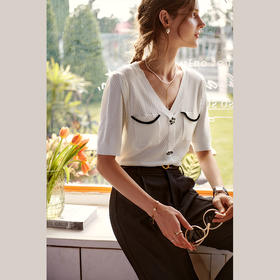 欧芮儿短袖针织衫女2021新款宽松气质小香风休闲撞色小衫上衣