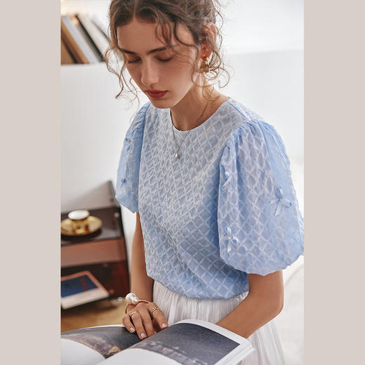 欧芮儿蓝色衬衫女2021新款圆领泡泡袖宫廷风法式洋气短袖上衣 商品图1