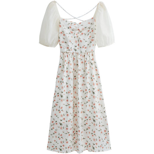 欧芮儿碎花雪纺连衣裙2021新款收腰显瘦泡泡袖气质方领裙子 商品图3