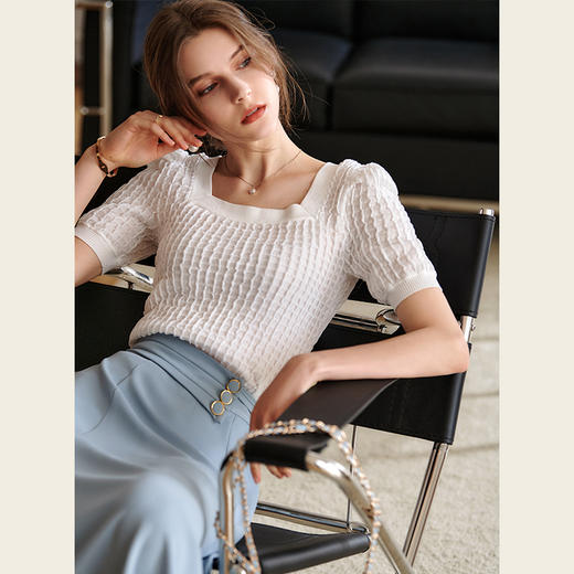 欧芮儿白色针织衫女2021新款修身显瘦气质方领短袖套头衫上衣 商品图1
