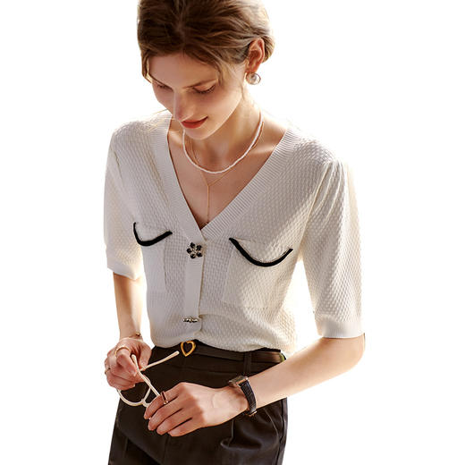 欧芮儿短袖针织衫女2021新款宽松气质小香风休闲撞色小衫上衣 商品图3