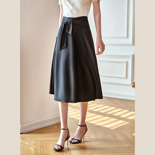 欧芮儿高腰黑色半身裙女2021新款系带收腰中长款设计感A字裙 商品图1
