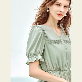 欧芮儿雪纺连衣裙2021夏收腰显瘦气质V领花边法式拼接时髦桔梗裙