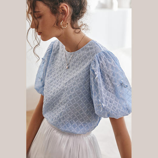 欧芮儿蓝色衬衫女2021新款圆领泡泡袖宫廷风法式洋气短袖上衣 商品图0