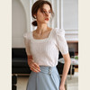 欧芮儿白色针织衫女2021新款修身显瘦气质方领短袖套头衫上衣 商品缩略图0