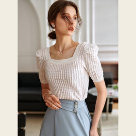 欧芮儿白色针织衫女2021新款修身显瘦气质方领短袖套头衫上衣