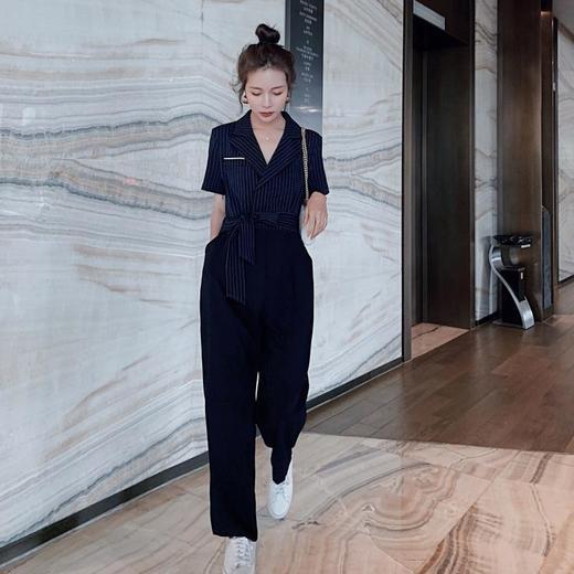 XP7735新款潮流时尚气质宽松高腰翻领短袖垂感条纹连体裤 商品图3