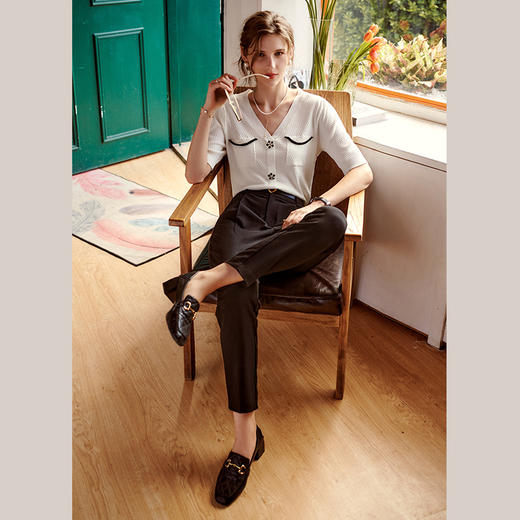 欧芮儿短袖针织衫女2021新款宽松气质小香风休闲撞色小衫上衣 商品图1