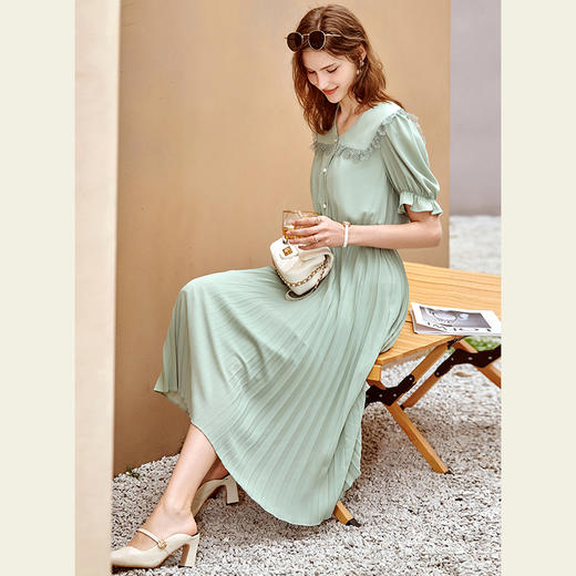 欧芮儿雪纺连衣裙2021夏收腰显瘦气质V领花边法式拼接时髦桔梗裙 商品图1