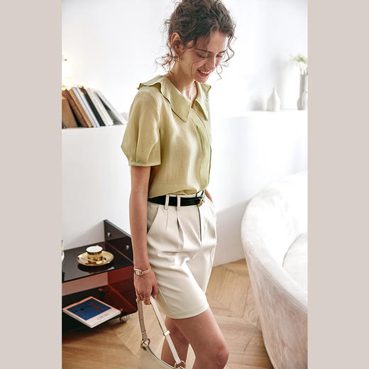 欧芮儿绿色雪纺衫女2021新款短袖荷叶边气质薄款别致小衫上衣 商品图0