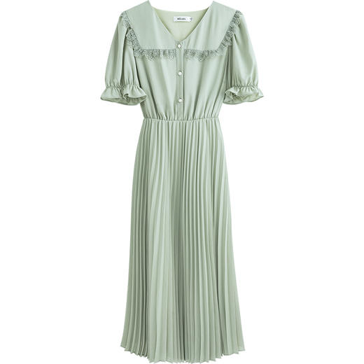 欧芮儿雪纺连衣裙2021夏收腰显瘦气质V领花边法式拼接时髦桔梗裙 商品图3