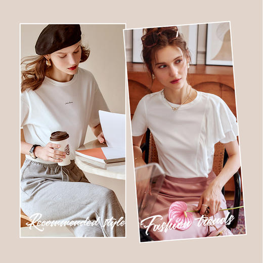 欧芮儿白色短袖T恤女2021夏新款宽松不对称荷叶边设计感针织上衣 商品图0