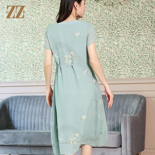 佐尔美夏季新款古风V领假两片A摆真丝乔其桑蚕丝连衣裙E12LS79 商品图4