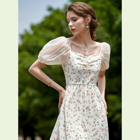 欧芮儿碎花雪纺连衣裙2021新款收腰显瘦泡泡袖气质方领裙子