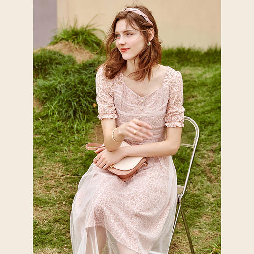 欧芮儿碎花网纱连衣裙女夏2021新款收腰显瘦法式复古气质钉珠裙子 商品图1