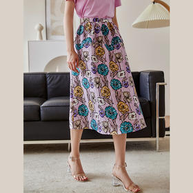 欧芮儿紫色半身裙2021新款夏高腰显瘦手绘印花设计感优雅A字伞裙