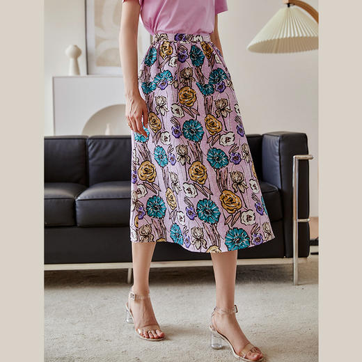 欧芮儿紫色半身裙2021新款夏高腰显瘦手绘印花设计感优雅A字伞裙 商品图0
