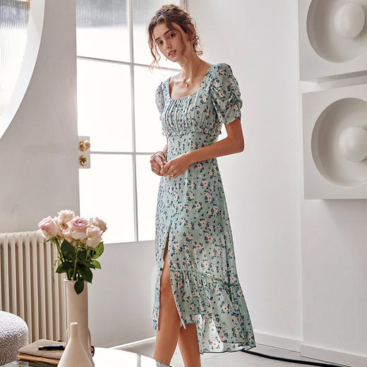 欧芮儿碎花雪纺连衣裙2021新夏收腰显瘦气质拼接荷叶边减龄开叉裙 商品图1