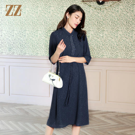 佐尔美夏季新款国风中袖复古优雅桑蚕丝真丝连衣裙E12LS62 商品图0