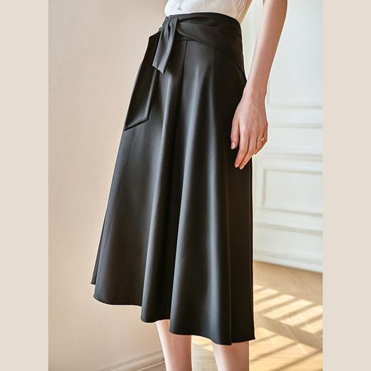 欧芮儿高腰黑色半身裙女2021新款系带收腰中长款设计感A字裙 商品图0