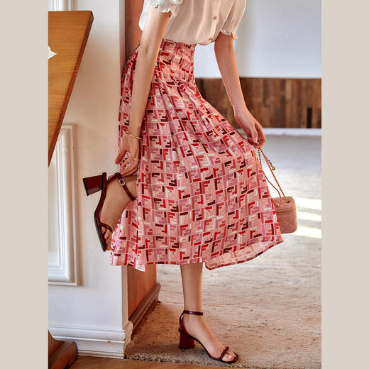 欧芮儿雪纺半身裙2021新款高腰显瘦创意字母印花时髦优雅伞裙 商品图1